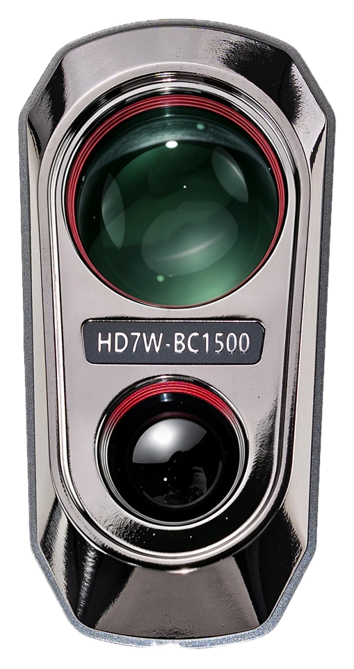 Front view of the AEA HD7W-BC1500 rangefinder, with silver housing and red lens rings